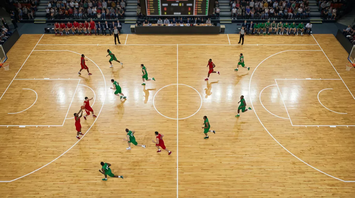 Partido de baloncesto de la Liga ACB con equipos compitiendo en cancha profesional